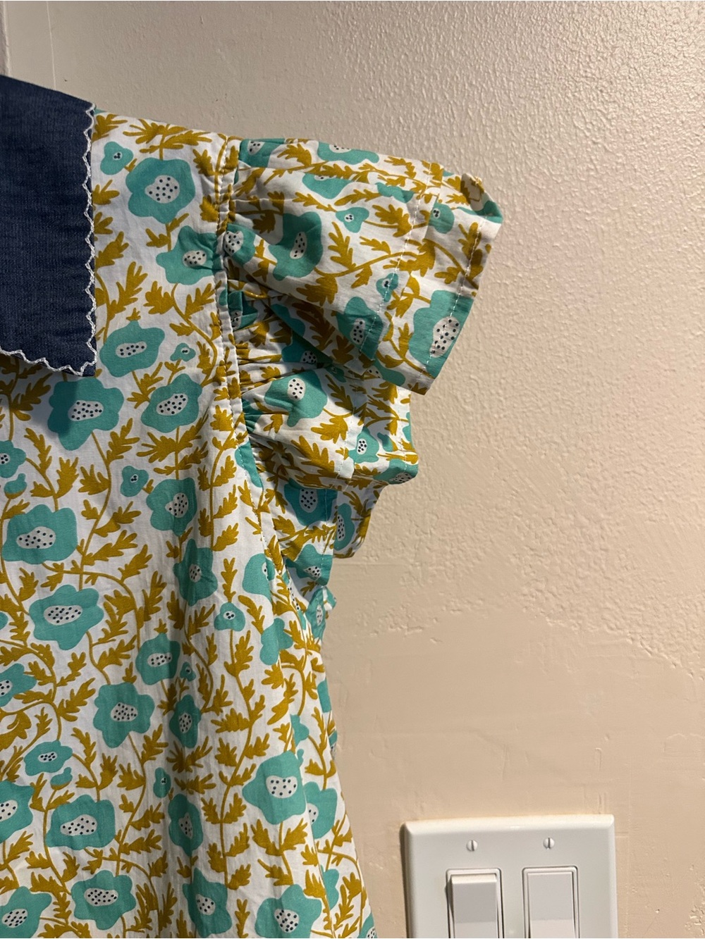 Entro Women’s Floral Ruffle Sleeve Top - Aqua, Mustard & Navy